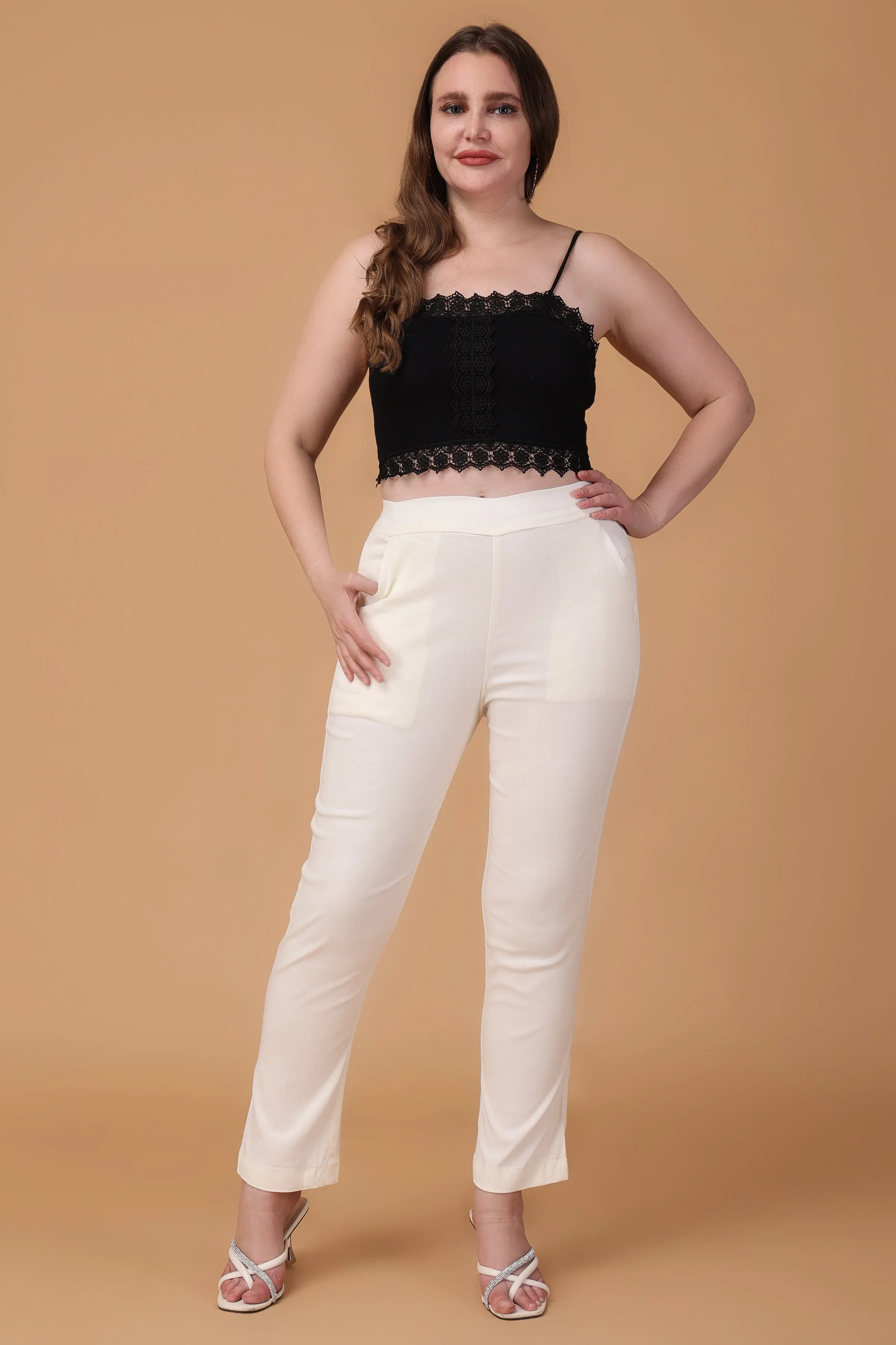 Off White Lycra Slub Pants