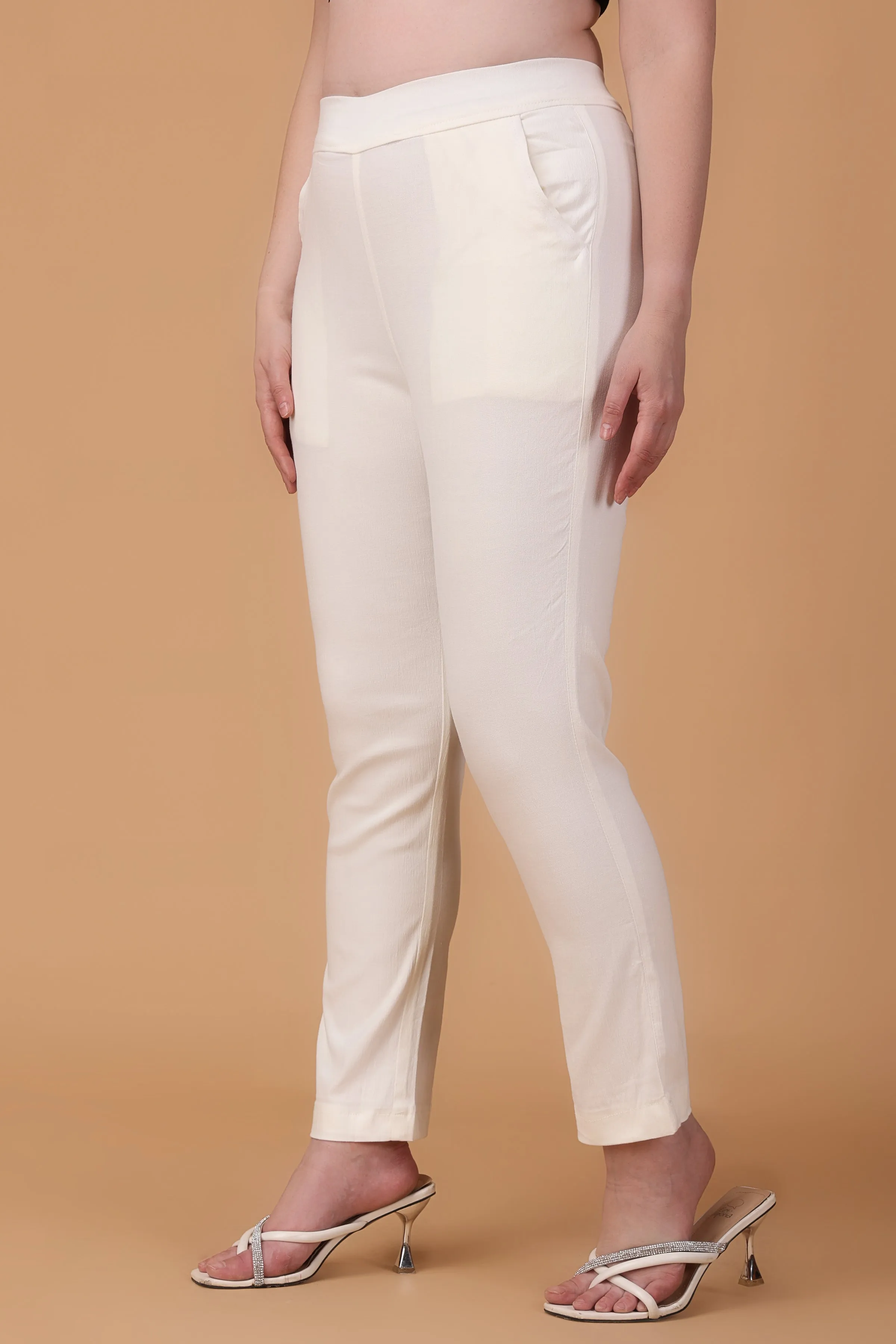 Off White Lycra Slub Pants