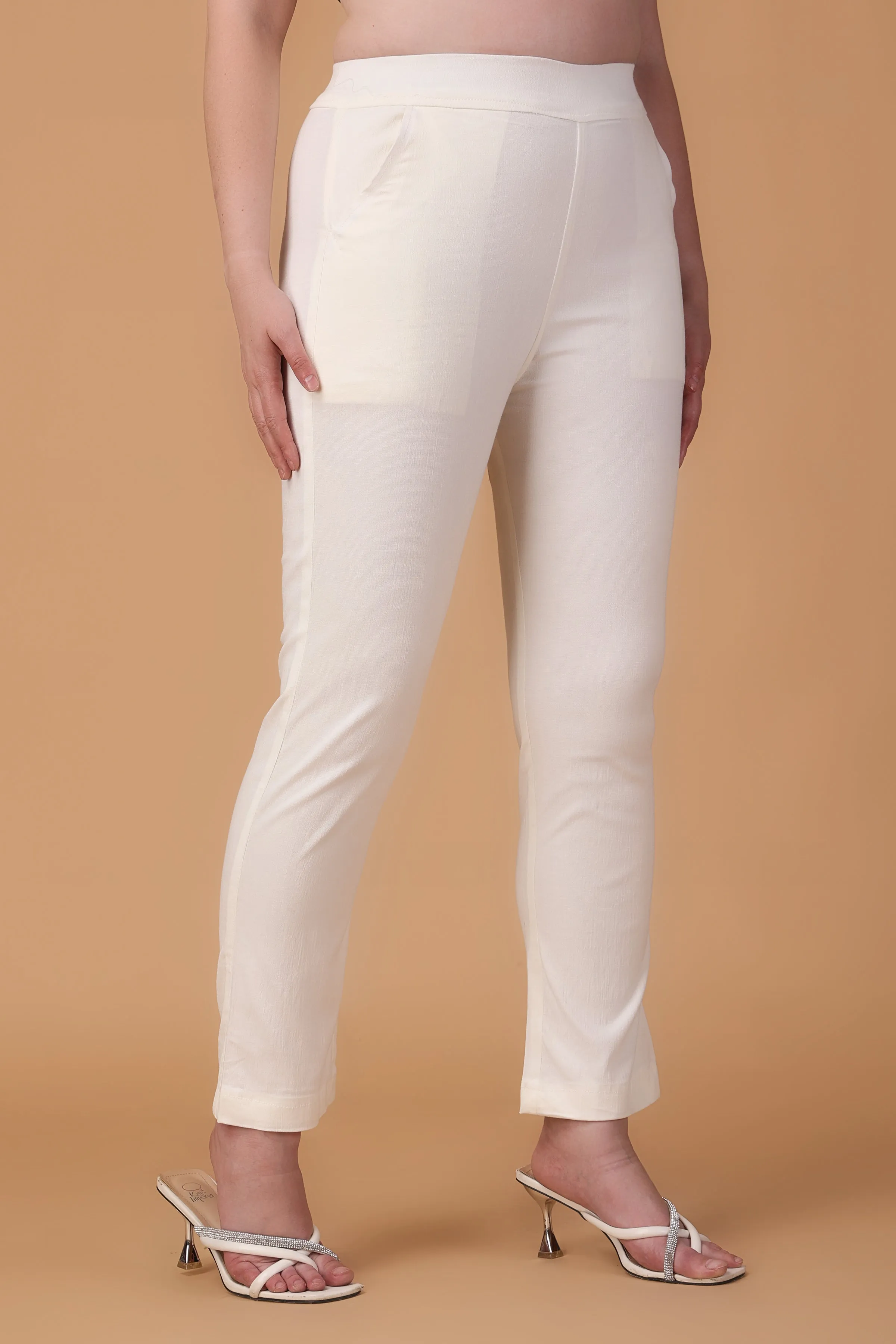 Off White Lycra Slub Pants