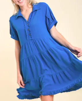 Pleated Sleeve Collared Tiered Dress Pleated Sleeve Collared Tiered Dress