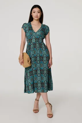 Printed V-Neck Cap Sleeve Midi Dress Printed V-Neck Cap Sleeve Midi Dress