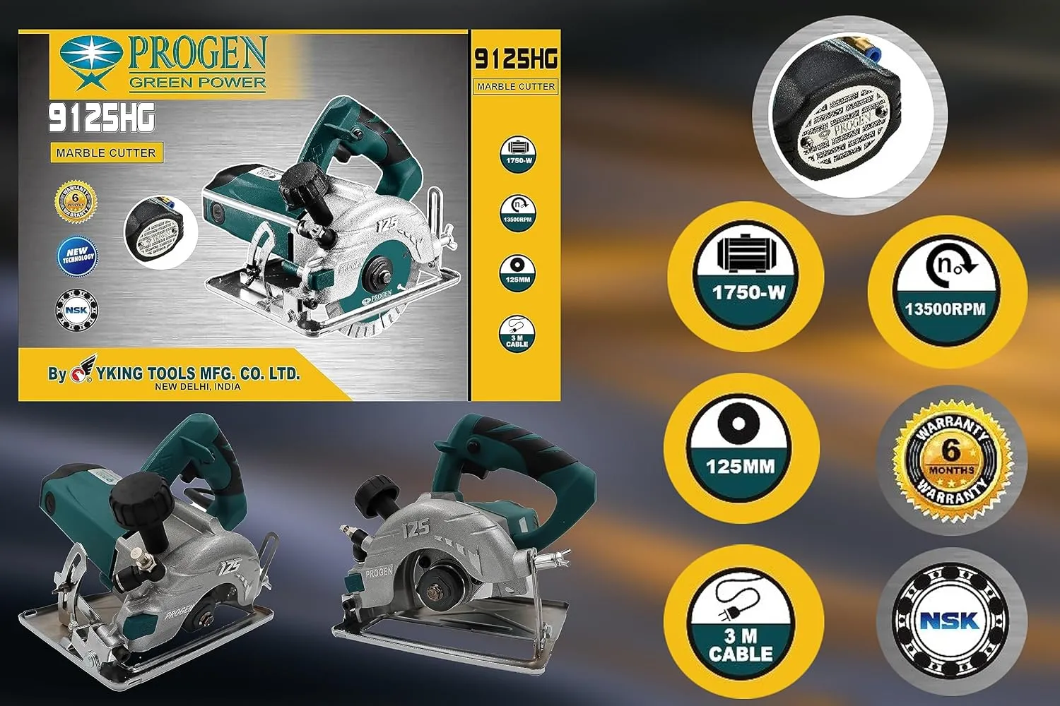 PROGEN 9125-HG Heavy Duty 5-inch Marble/Tile/Wood Cutter - 1750W, 13500 RPM