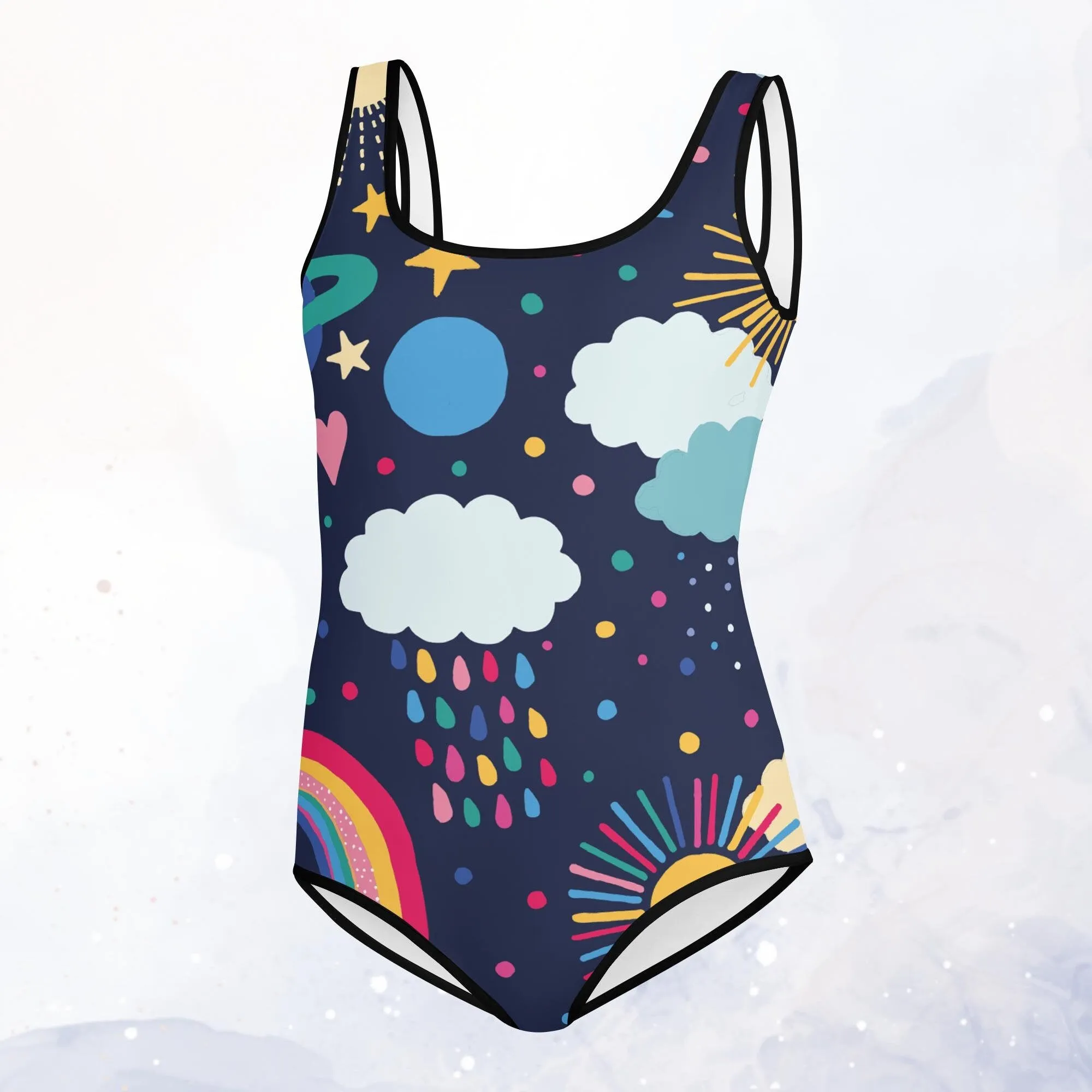 Rainbows and Rain Clouds Weather Themed Print Youth Swimsuit Leotard
