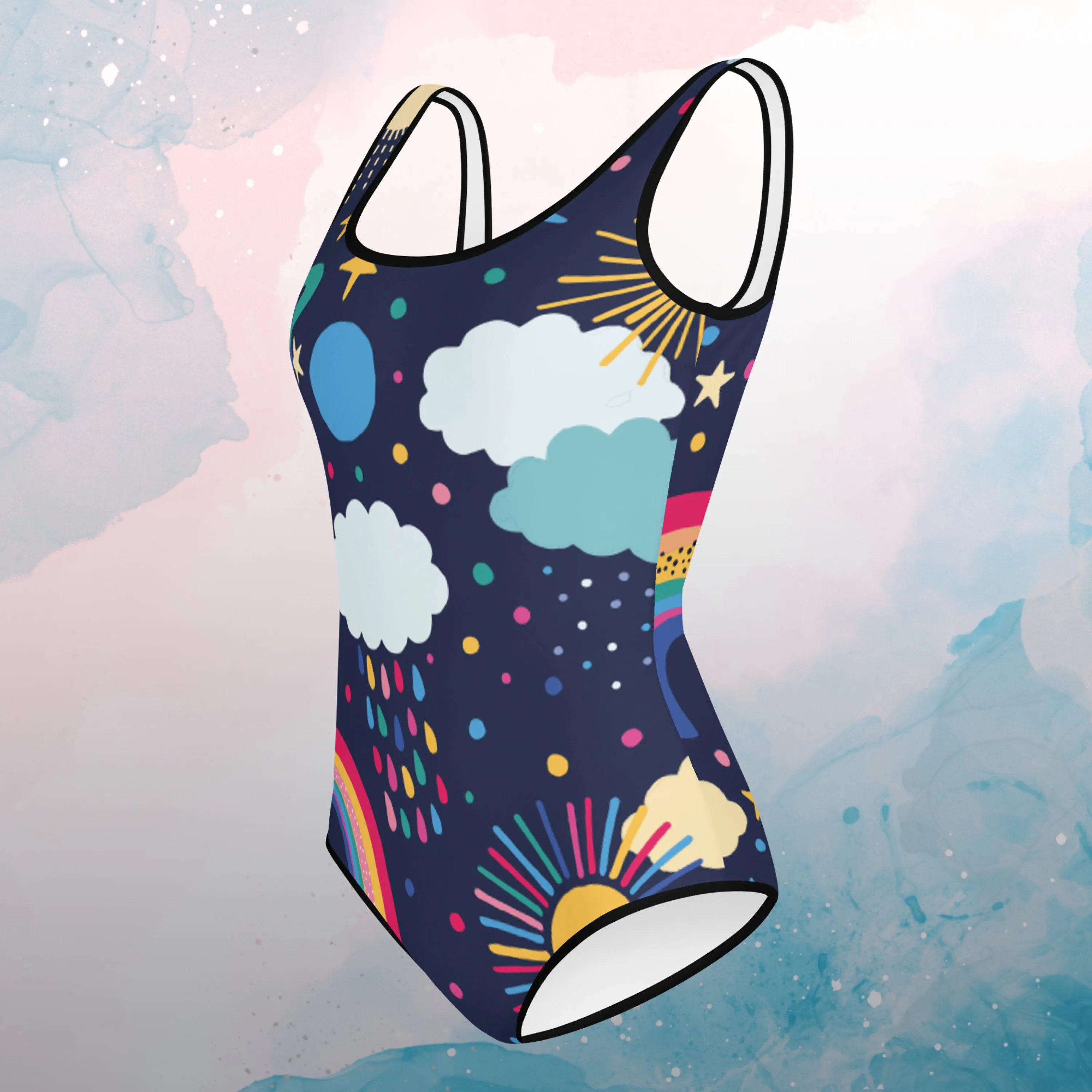 Rainbows and Rain Clouds Weather Themed Print Youth Swimsuit Leotard
