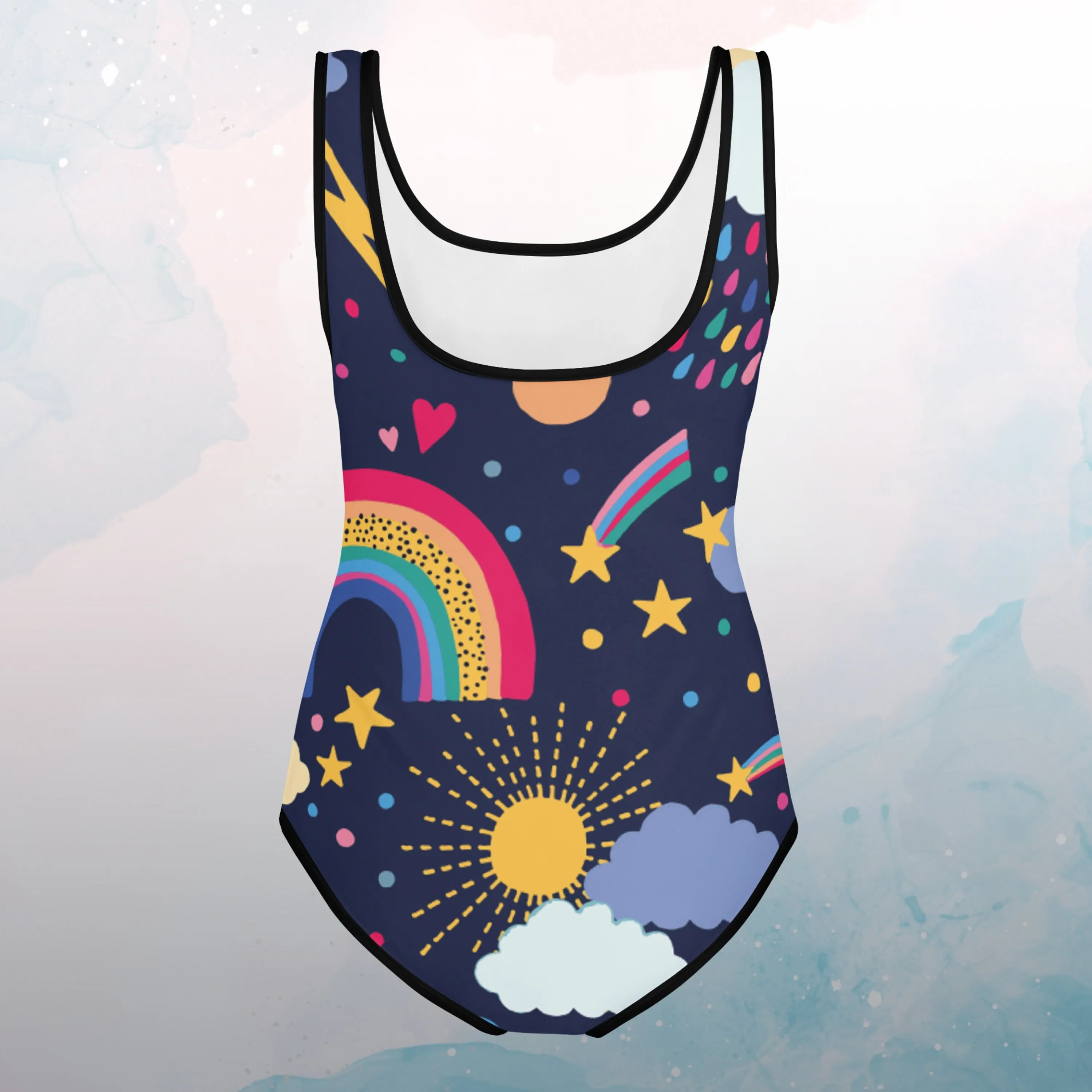 Rainbows and Rain Clouds Weather Themed Print Youth Swimsuit Leotard