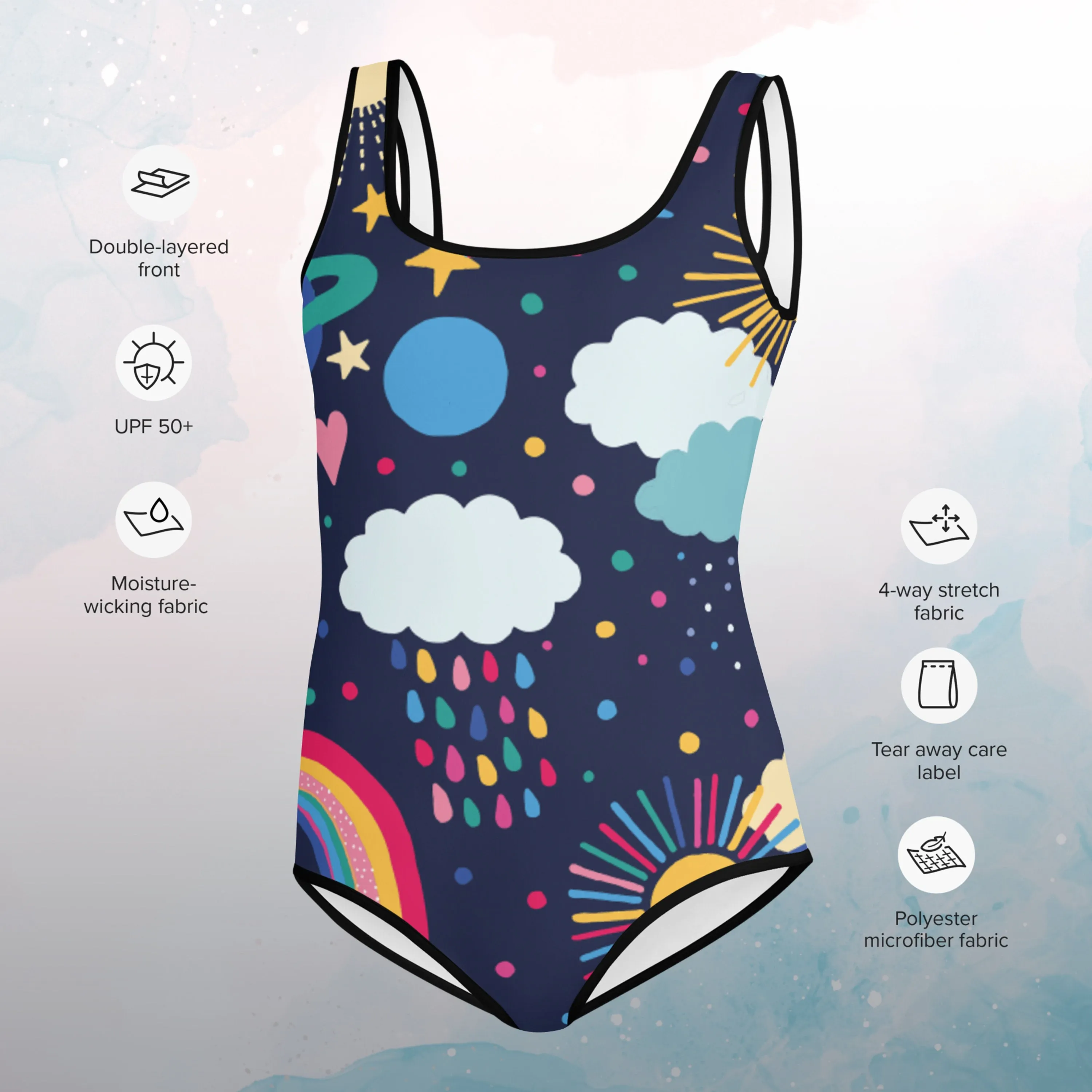 Rainbows and Rain Clouds Weather Themed Print Youth Swimsuit Leotard