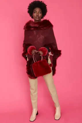 Red Faux Fur Pom-Pom Drawstring Bucket Bag Red Faux Fur Pom-Pom Drawstring Bucket Bag