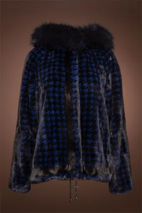 Royal Blue Houndstooth Print Mink Fur Jacket - Fox Fur Hood Trim Royal Blue Houndstooth Print Mink Fur Jacket - Fox Fur Hood Trim