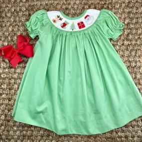 Santa Smocked Christmas Dress in Green Santa Smocked Christmas Dress in Green