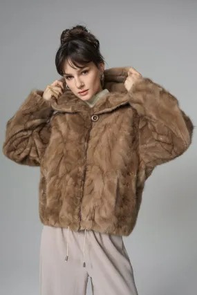 Taupe Hooded Nutria Mink Fur Coat Taupe Hooded Nutria Mink Fur Coat