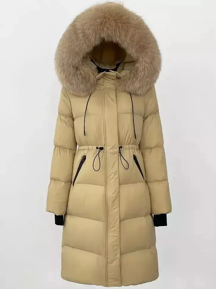 Women’s Drawstring Waist Long Down Coat in Beige with Beige Fur Hood