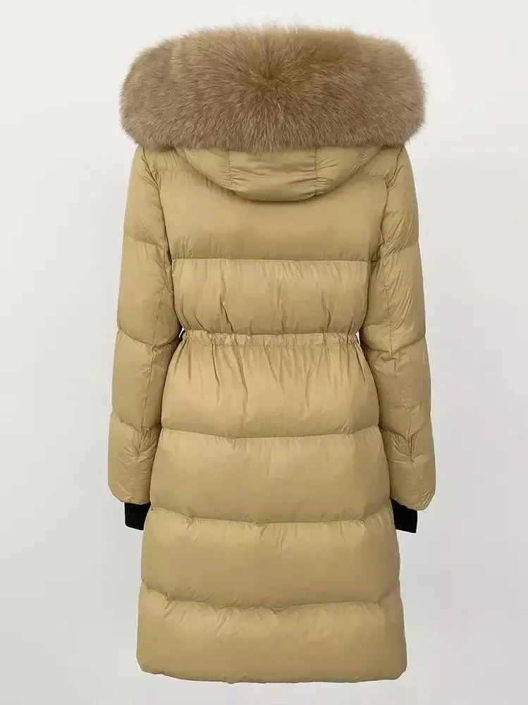 Women’s Drawstring Waist Long Down Coat in Beige with Beige Fur Hood