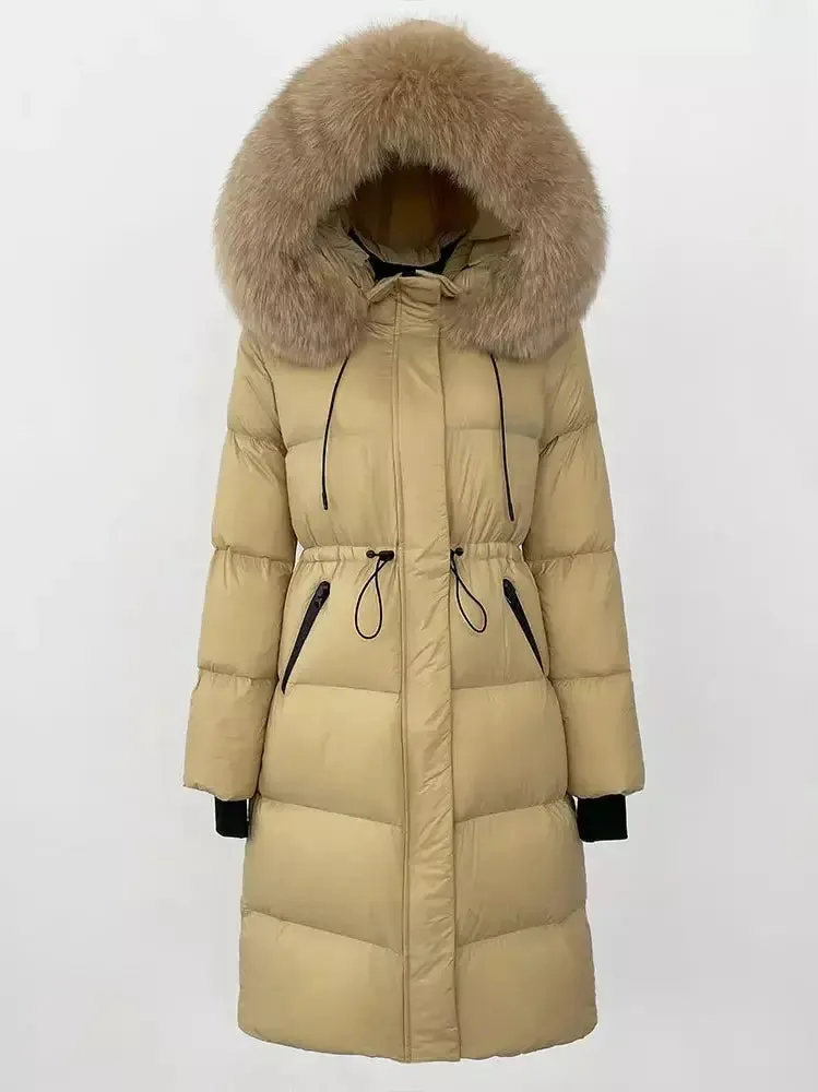Women’s Drawstring Waist Long Down Coat in Beige with Beige Fur Hood