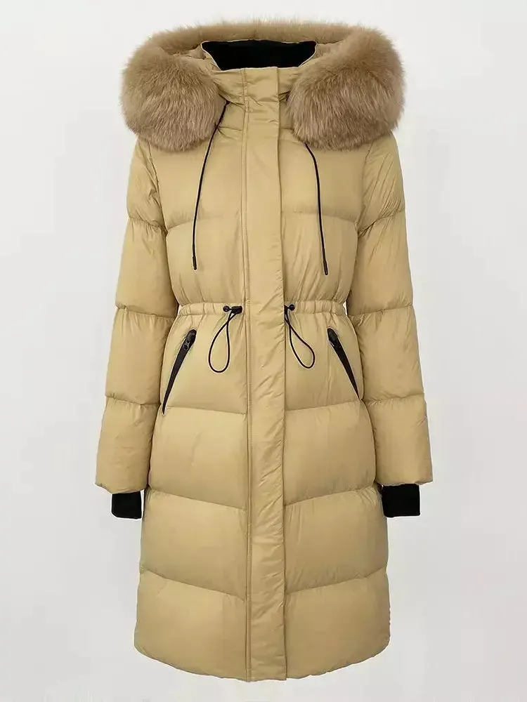 Women’s Drawstring Waist Long Down Coat in Beige with Beige Fur Hood