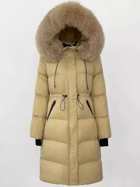 Women’s Drawstring Waist Long Down Coat in Beige with Beige Fur Hood Women’s Drawstring Waist Long Down Coat in Beige with Beige Fur Hood