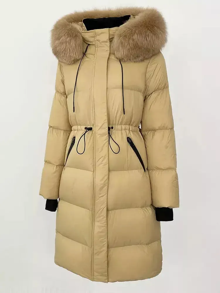 Women’s Drawstring Waist Long Down Coat in Beige with Beige Fur Hood